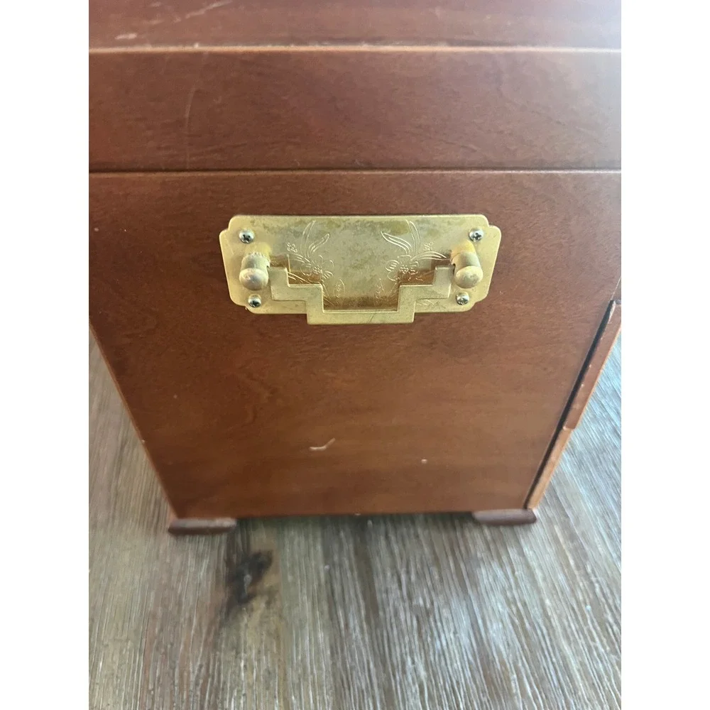 Vintage Burl Wood Jewelry Box Chest Brass Hardware 2 Drawers Necklace Hooks 10in